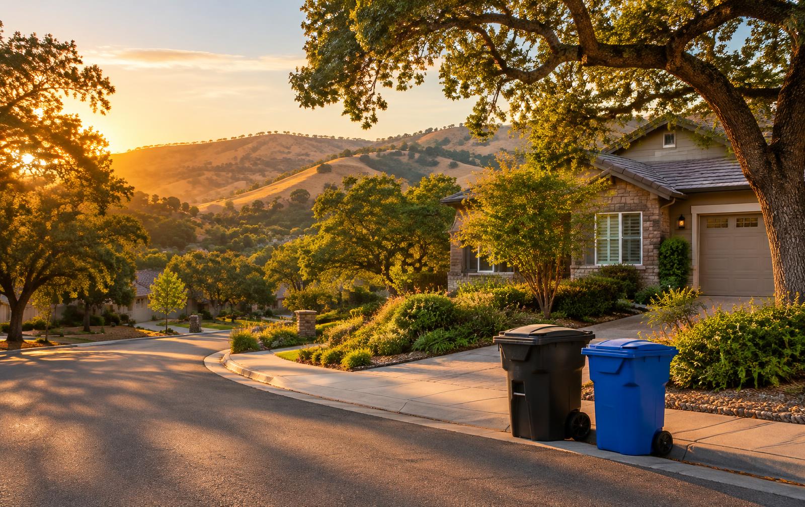 Trash and recycling bins at the curb on a Placer County street